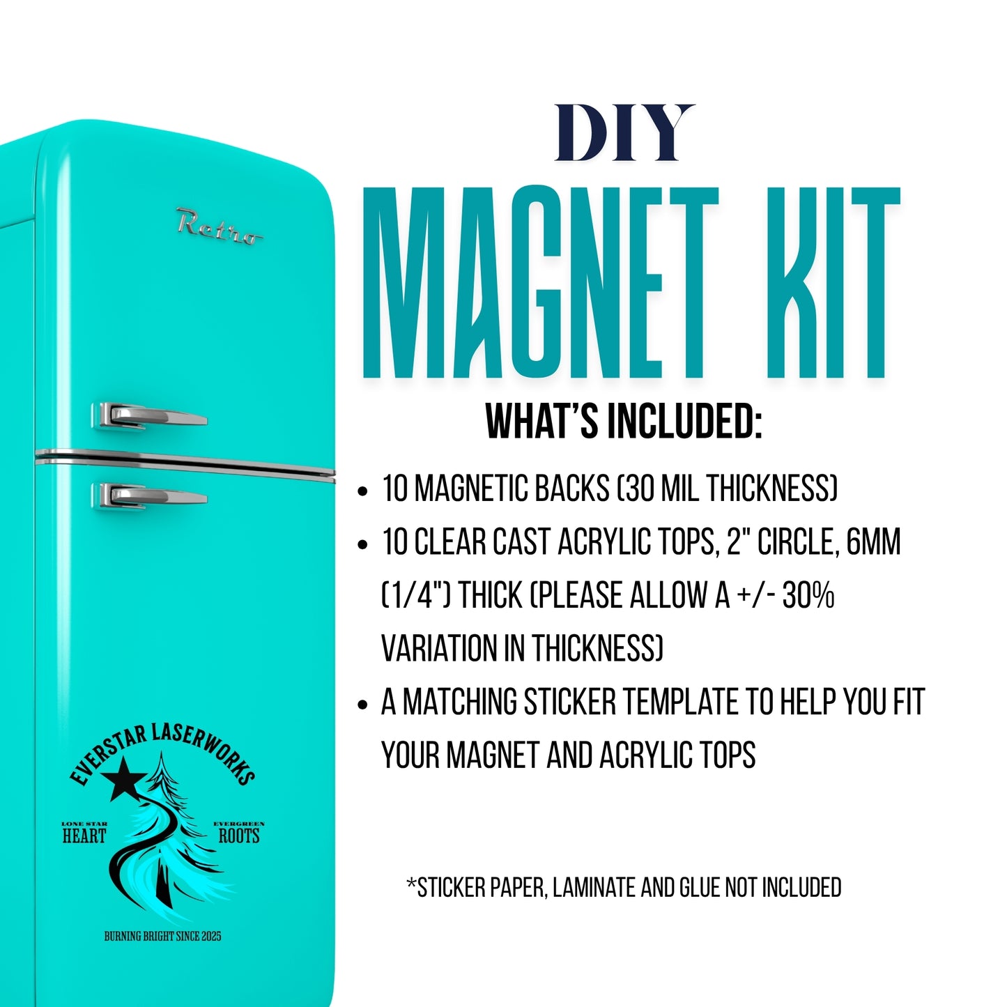 DIY Craft Fridge Magnet Kit, 10 Laser Cut Acrylic Circles and Magnet Backs