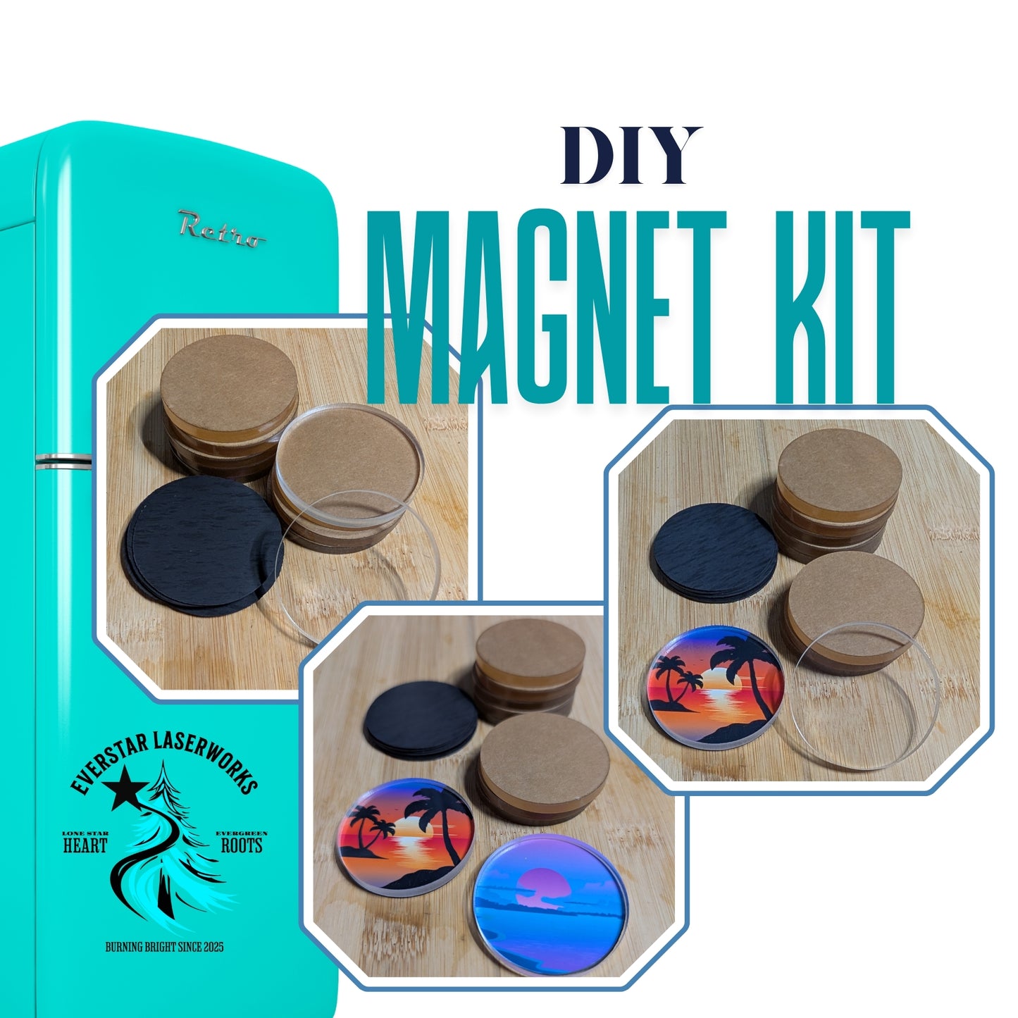 DIY Craft Fridge Magnet Kit, 10 Laser Cut Acrylic Circles and Magnet Backs