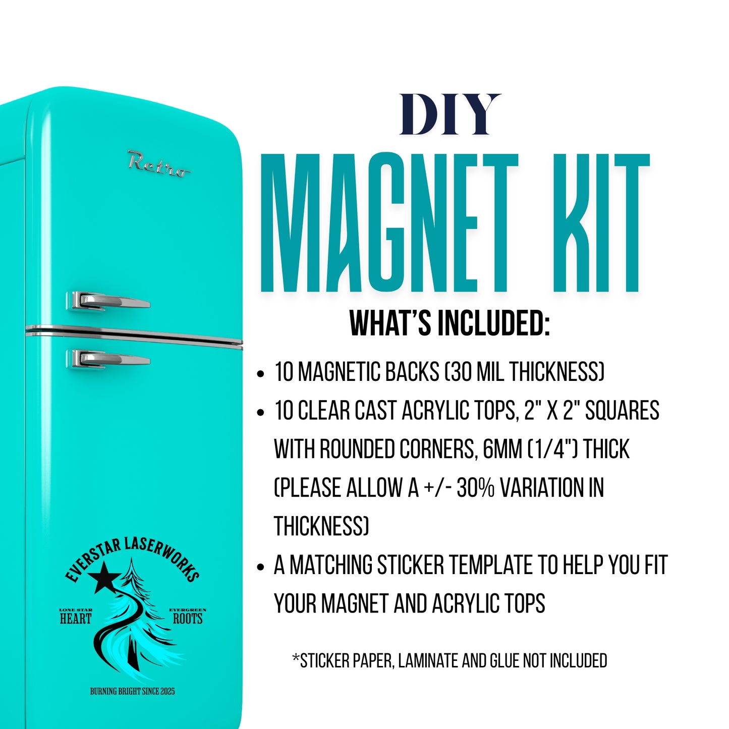 DIY Craft Fridge Magnet Kit, 10 Laser Cut Acrylic Squares and Magnet Backs