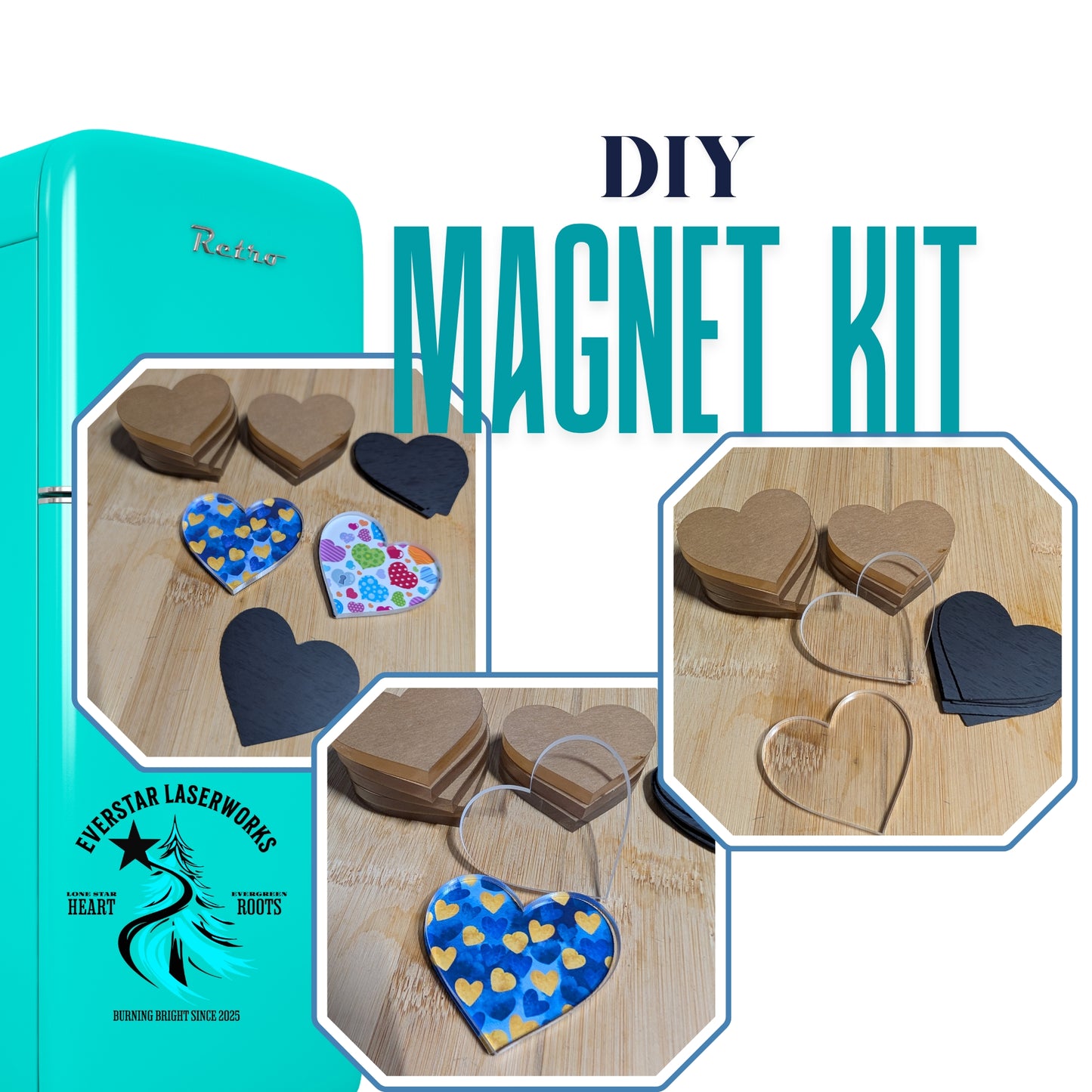 DIY Craft Fridge Magnet Kit, 10 Laser Cut Acrylic Hearts and Magnet Backs